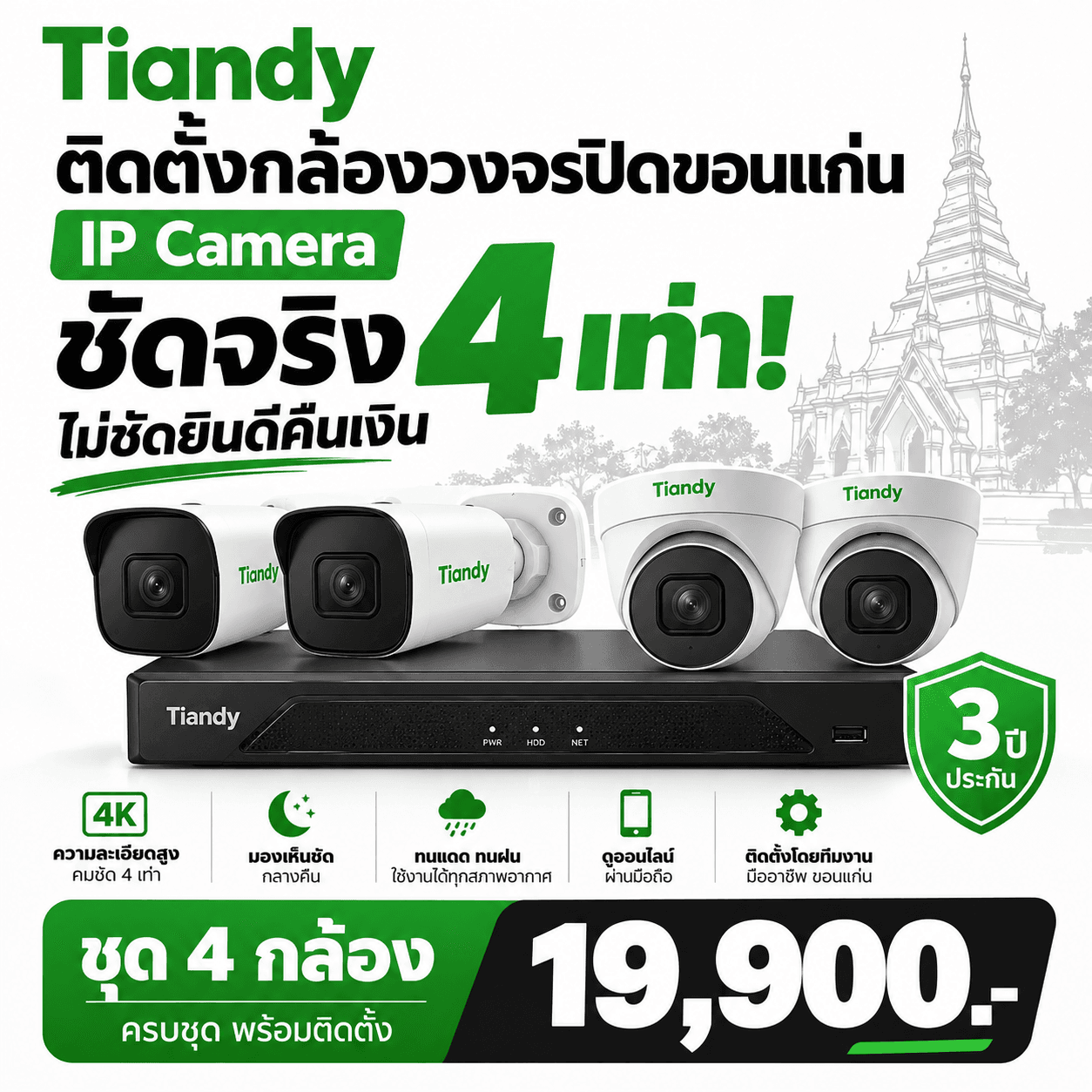 ติดตั้งกล้องวงจรปิดขอนแก่น Tiandy IP Camera ชัดจริง 4 เท่า!
