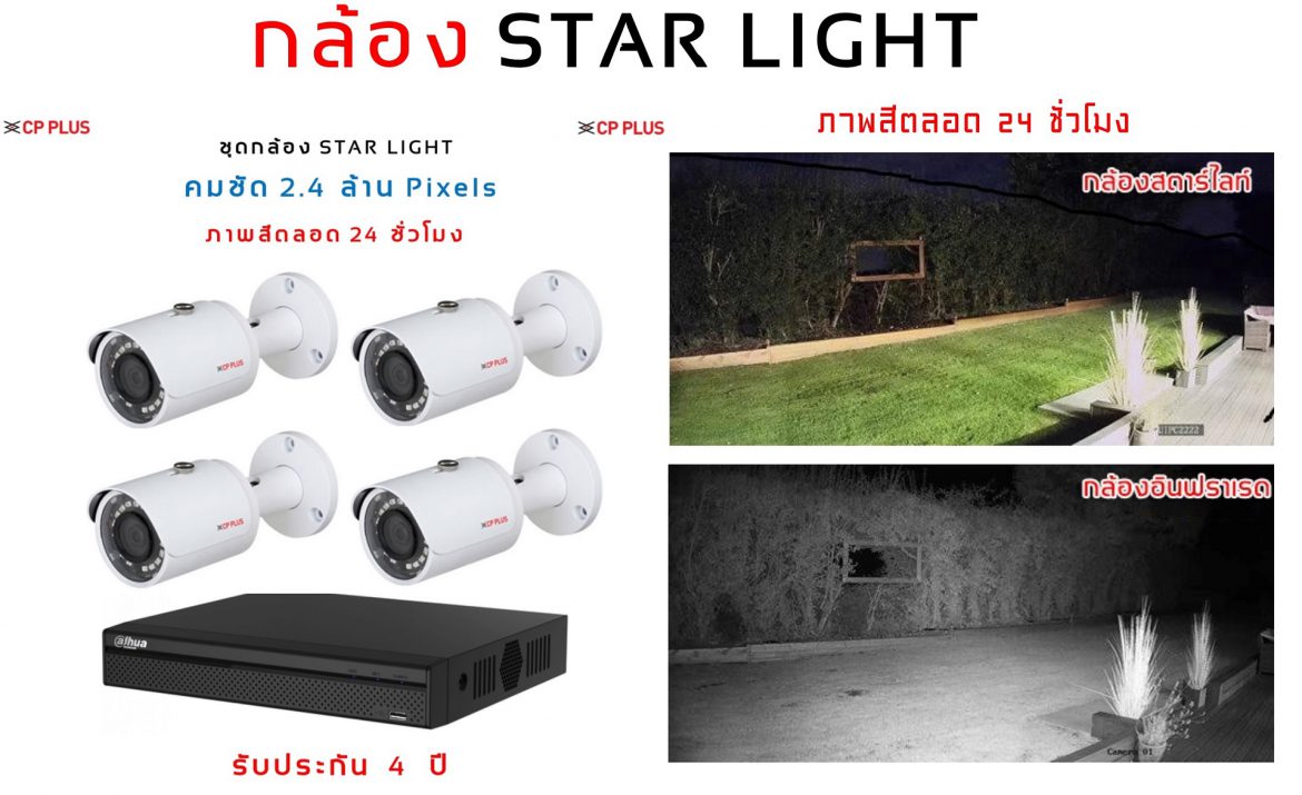 กล้อง Starlight ชุดกล้อง STAR-LIGHT 4 กล้อง คมชัด 2.4 ล้านพิกเซล อินฟาเรดภาพสี ตลอด 24 ชั่วโมง รับประกัน 4 ปีเต็ม ดูแลหลังการขายฟรี 4 ปี กล้องวงจรปิดขอนแก่น ไมนิคส์