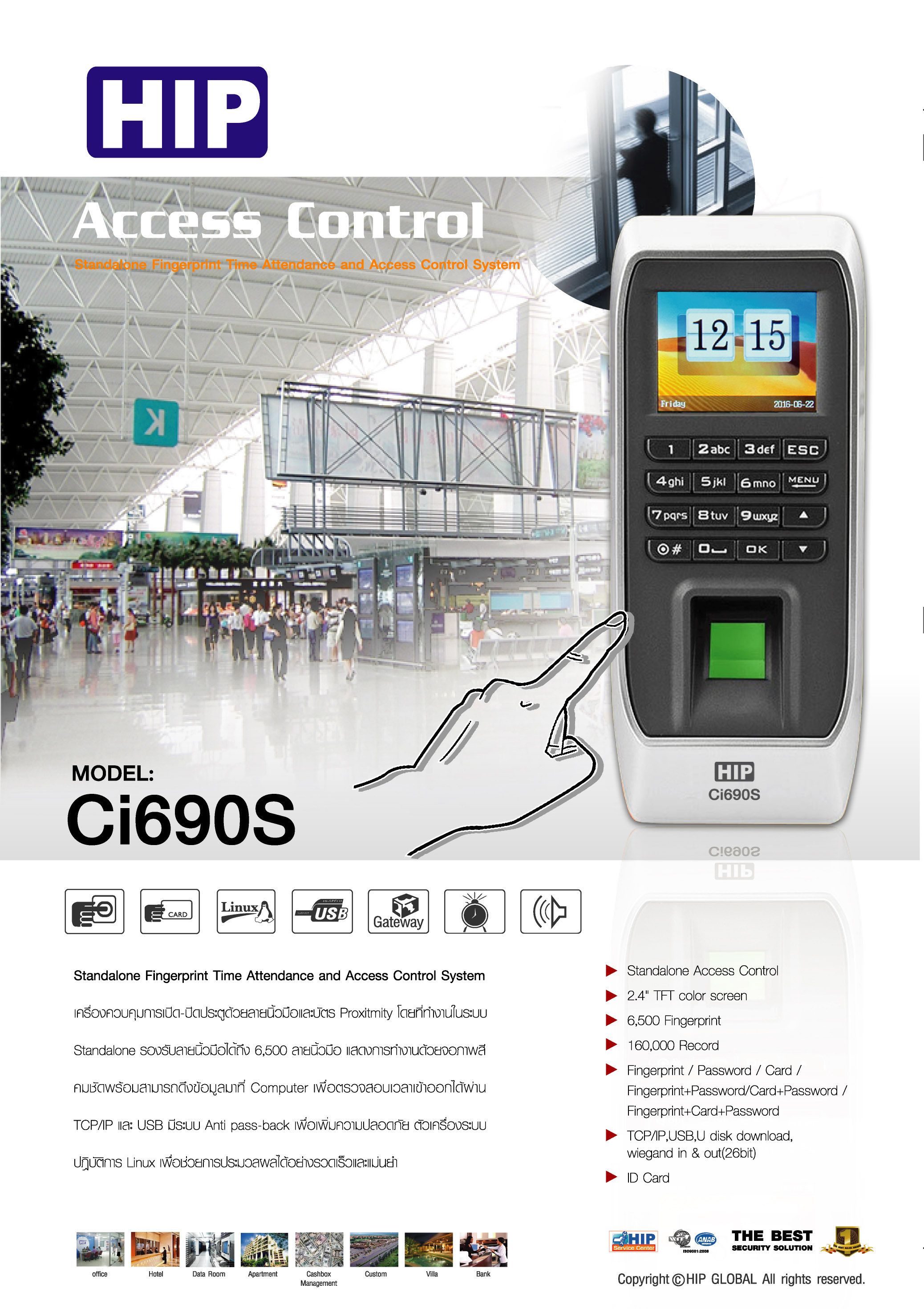 เครื่องสแกนลายลายนิ้วมือ ประตูสแกนนิ้ว HIP รุ่น Ci-690S HIP Fingerprint Access Control สินค้าของแท้ จาก HIP รับประกันนาน 2 ปี