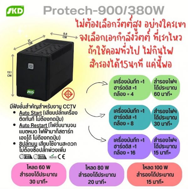 Ups ขอนแก่น SKD UPS Protech-900 900VA/380W 5Ah เครื่องสำรองไฟ